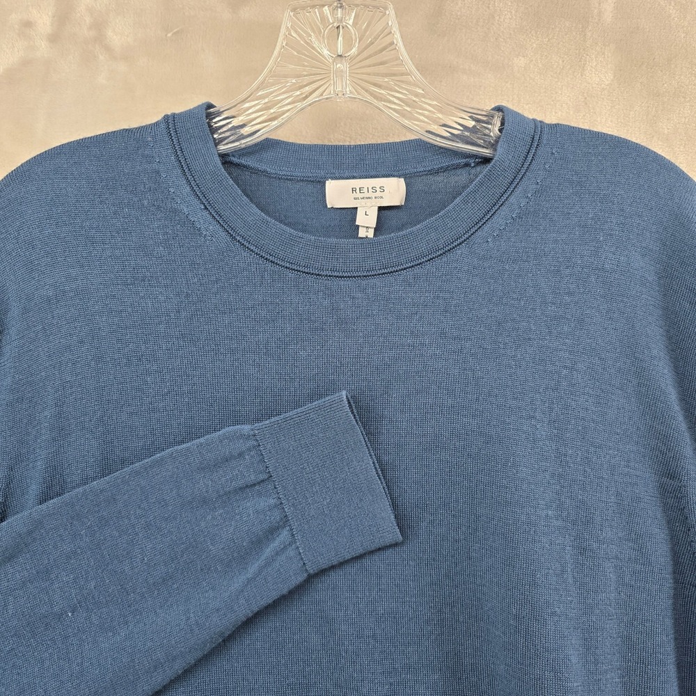 REISS Sweater Mens Large Blue 100% Merino Wool Crew Neck Long Sleeve Pullover